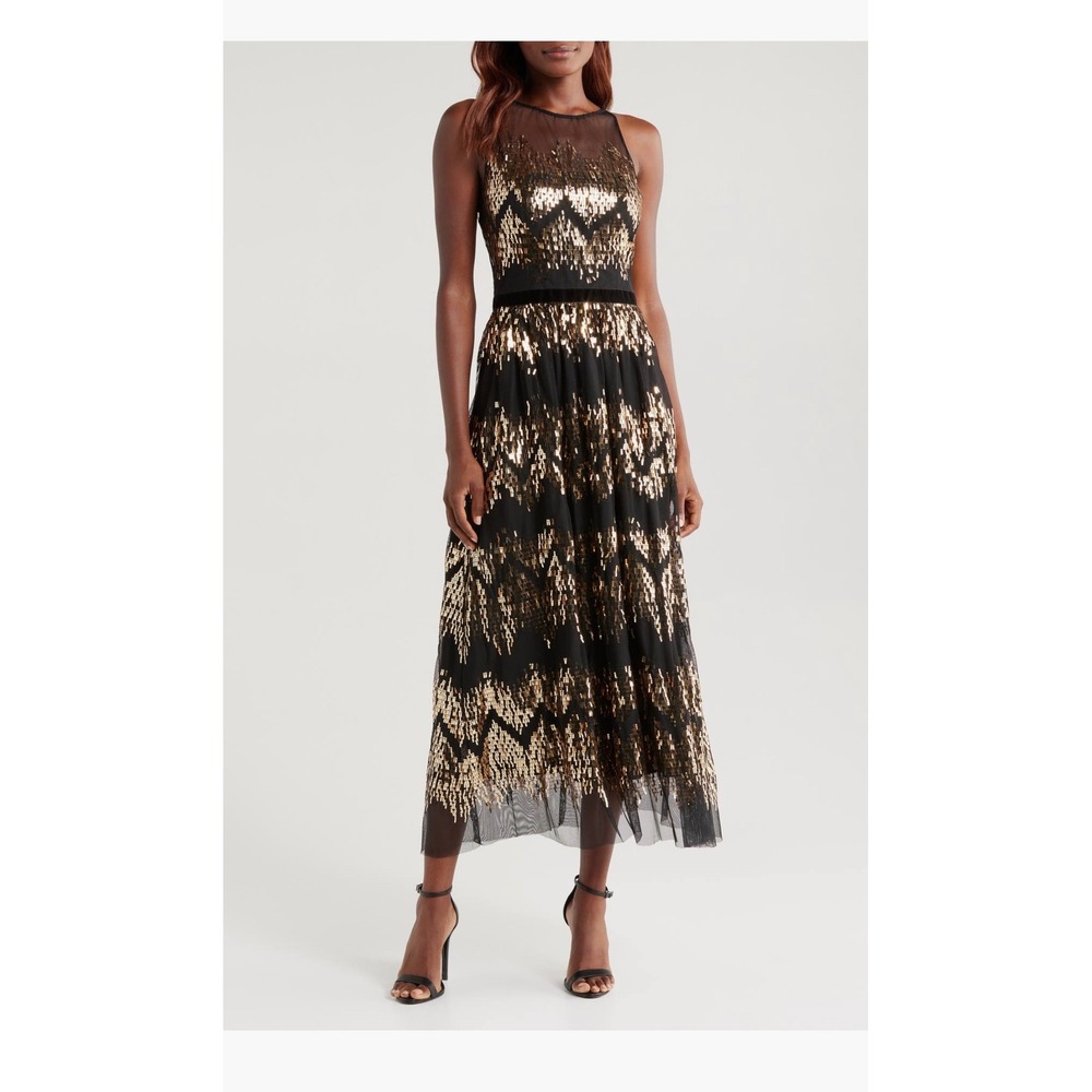 NWT Vince Camuto Womens Black Gold Sequin Illusion Neck Midi Dress Size 12